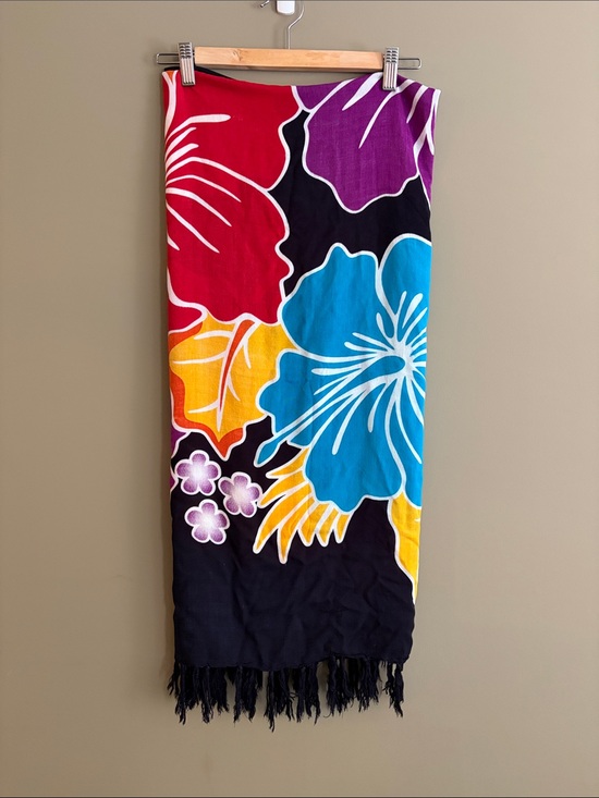 Other - Vibrant Floral Beach Sarong — Black with Red, Purple Orange & Teal Flowers